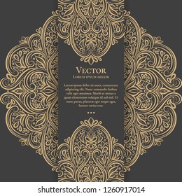 Gold Vintage Greeting Card On A Black Background. Luxury Vector Ornament Template. Mandala. Great For Invitation, Flyer, Menu, Brochure, Postcard, Wallpaper, Decoration, Or Any Desired Idea.