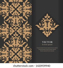 Gold vintage greeting card on a black background. Elegant ornament template. Great for invitation, flyer, menu,  postcard, brochure,  wallpaper, background, decoration. - Vector