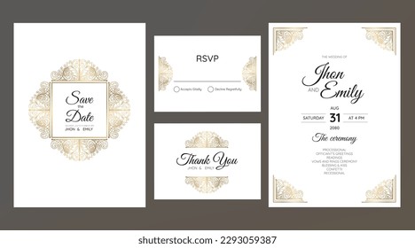 Gold vintage greeting card on a white background. Luxury ornament template