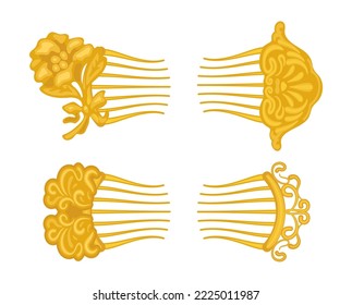 Gold vintage hair combs set. Vector illustrations of golden barrette with antique pattern. Cartoon feminine accessory for hairstyle decoration isolated on white. Jewelry, retro fashion concept