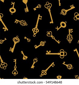 Gold vintage keys on  black background.  Seamless pattern. Vector illustration.