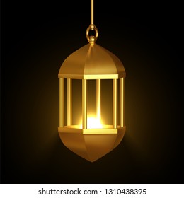 Gold vintage lanterns. Arabic shining lamps. Isolated hanging realistic lamps.