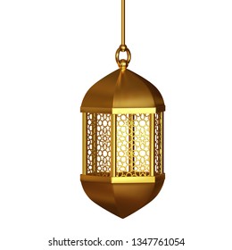 Gold vintage lanterns. Arabic shining lamps. Isolated hanging realistic lamps.