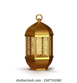 Gold vintage lanterns. Arabic shining lamps. Isolated hanging realistic lamps. Effects of transparent vector background