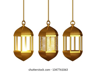 Gold vintage lanterns. Arabic shining lamps. Isolated hanging realistic lamps.