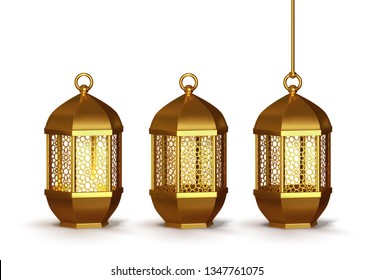 Gold vintage lanterns. Arabic shining lamps. Isolated hanging realistic lamps, on a white background