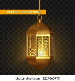 Gold vintage lanterns. Shining lamps Isolated hanging realistic. Effects of transparent vector background