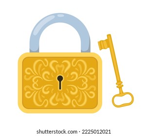 Gold vintage lock and key set. Vector illustrations of ornate medieval closed padlock with keyhole and latchkey. Cartoon treasure protection lock isolated on white. Antique, fantasy, privacy concept