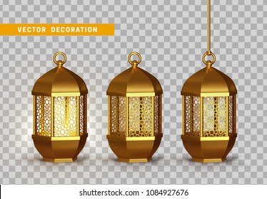 Gold vintage luminous lanterns. Arabic shining lamps. Isolated hanging realistic lamps. Effects of transparent vector background