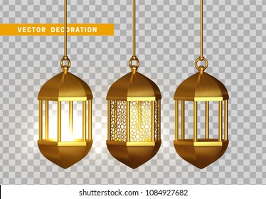 Gold vintage luminous lanterns. Arabic shining lamps. Isolated hanging realistic lamps. Effects of transparent vector background