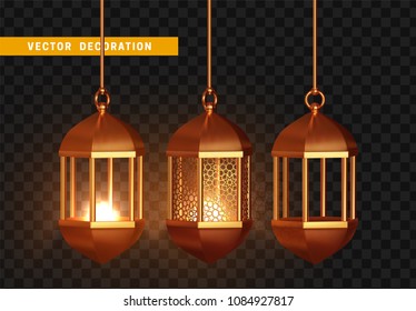 Gold vintage luminous lanterns. Arabic shining lamps. Isolated hanging realistic lamps. Effects of transparent vector background