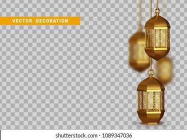 Gold vintage luminous lanterns. Arabic shining lamps. Isolated hanging realistic lamps. Effects of transparent vector background