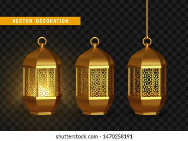 Gold vintage luminous lanterns. Arabic shining lamps. Isolated hanging realistic lamps. Effects of transparent vector background