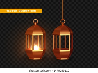 Gold vintage luminous lanterns. Arabic shining lamps. Isolated hanging realistic lamps. Effects of transparent vector background