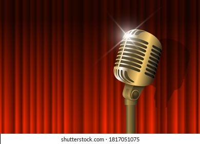 Gold vintage microphone illuminated and red curtain background. Retro music concept. Mic on empty theatre stage. Stand up comedy night show. Karaoke party vector eps art illustration