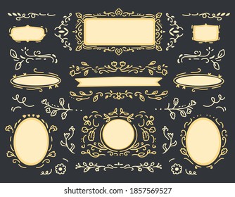 Gold vintage ornament hand drawing frame collection set decoration