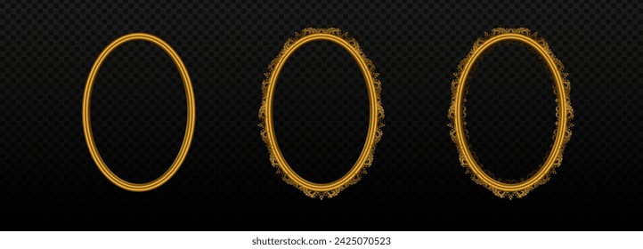 Gold vintage oval frames set. Elegant circle banners for photos and paintings with luxurious victorian design and antique baroque vector style