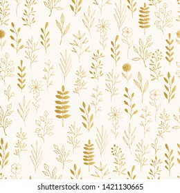 Gold vintage pattern with leaves and branches. Foil texture design. Nature element background.