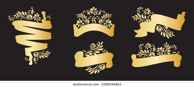Gold vintage ribbon banners with leaves and flowers set