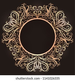 Gold vintage round frame with tracery. The object is separate from the background. Vector template for invitations, logos, postcards and your design