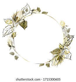 Gold vintage round frame. Vector illustration with hand-drawn roses on a white background. Use for decoration greeting cards, invitations, etc.