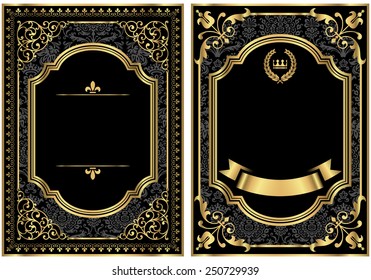 Gold Vintage Scroll Frames - Set of two vintage style scroll frames with gold and damask details.  Damask pattern swatch is already in the swatches panel for easy use.  