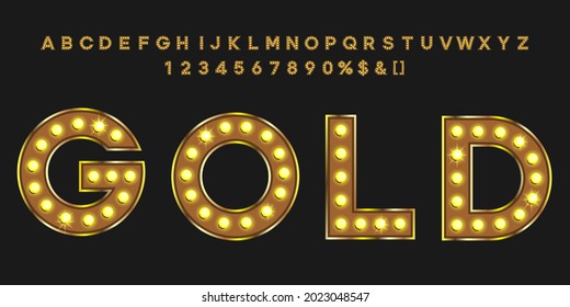 Gold vintage text with alphabet and numbers. Neon letters typeface for retro party or event signboard.