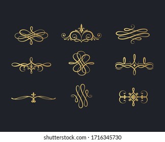 Gold vintage text separators. Golden filigree borders.  Vector isolated swirl dividers. Classic wedding invitation calligraphic lines.