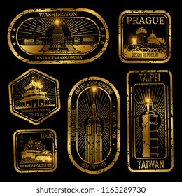 Gold vintage travel stamps with major monuments and landmarks isolated on black illustration