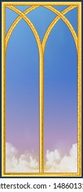 gold vintage window frame with ski view isolated on white