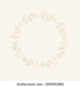 Gold vintage wreath. Retro frame with flowers and leaves. Wedding design element.