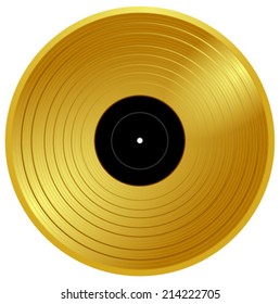 Gold vinyl - music award, golden record with blank black label, gold disc, vector art image illustration, eps10, isolated on white background 