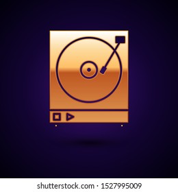 Gold Vinyl player with a vinyl disk icon isolated on dark blue background.  Vector Illustration