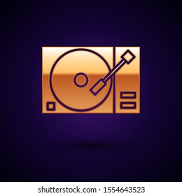 Gold Vinyl player with a vinyl disk icon isolated on dark blue background.  Vector Illustration