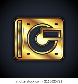 Gold Vinyl player with a vinyl disk icon isolated on black background.  Vector