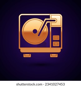 Gold Vinyl player with a vinyl disk icon isolated on black background.  Vector