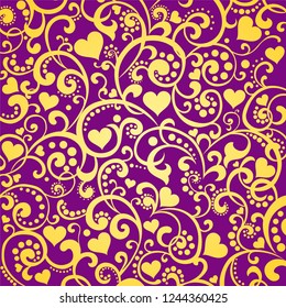 Gold and violet background with heart. Valentine hearts pattern. Winter holidays. Valentines, Womens, Mothers day background with falling hearts. Design for wedding. February 14 Vector. Vector 
