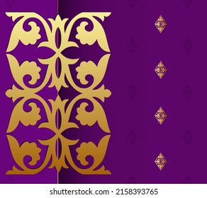 Oro y fondo indio violeta. Modelo de patrón de lujo. Elementos de diseño abstracto vectorial. Ideal para tarjetas de invitación y saludo, embalaje, volante, papel pintado o cualquier idea deseada. Ornamento asiático