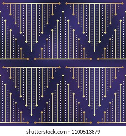 Gold violet linear seamless sacred geometry pattern. Golden sacral geometric occult cosmic line art signs for fabric print, surface texture, cloth design, wrapping EPS10 vector gradient mesh backdrop 