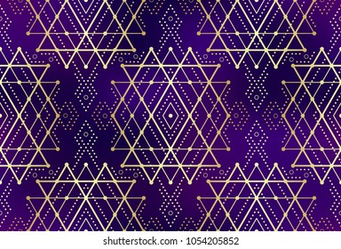 Gold violet seamless sacred geometry pattern. Golden sacral geometric occult cosmic line art signs for fabric prints, surface textures, cloth design, wrapping. EPS10 vector gradient mesh backdrop. 