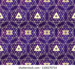 Gold violet seamless sacred geometry pattern. Golden sacral geometric occult cosmic line art signs for fabric prints, surface textures, cloth design, wrapping. EPS10 vector gradient mesh backdrop