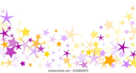 Gold and violet stardust confetti pattern. Modern holiday silhouettes flying. Universe symbols. Sparkles design.