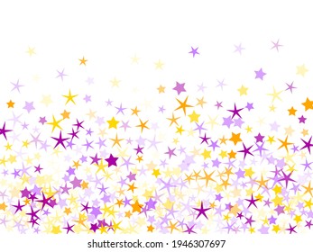 Gold and violet stars vector design. Elegant birthday star particles flying. Fame icons. Sparkles backdrop.