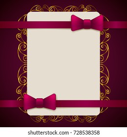 Gold and violet vintage greeting card template with bow and ribbon. Vector wedding invitation design. Anniversary template design for any celebration. Marriage, birthday, christmas, baby shower flyer.