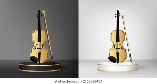 Gold violin and golden bow on realistic black, white podium or pedestal stage