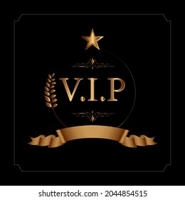 Gold VIP badge. Special badge. Empty space in gold ribbon for text. placed in a gray frame on a black background