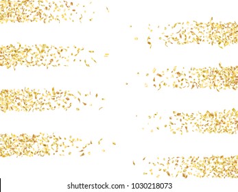 Gold vip holiday realistic confetti flying on white vector Background. Rich flying tinsel elements, sparkle stripes, gradient foil texture serpentine streamers and confetti falling frame background.