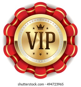Gold vip member rosette / badge with red ribbon on white background