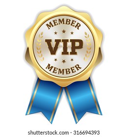 Gold vip member rosette with blue ribbon on white background