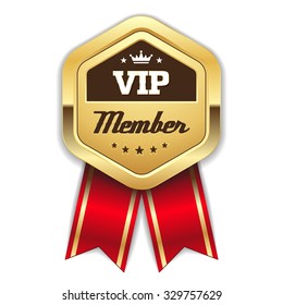 Gold vip member rosette with red ribbon on white background